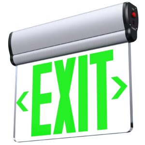 saselux led edge-lit exit sign ,brushed aluminum housing single-sided clear rotating acrylic panel,hardwired emergency exit signs with battery backup, 120v-347vac,green led emergency exit light for business , ul listed,top/side/wall mount(1 pack)