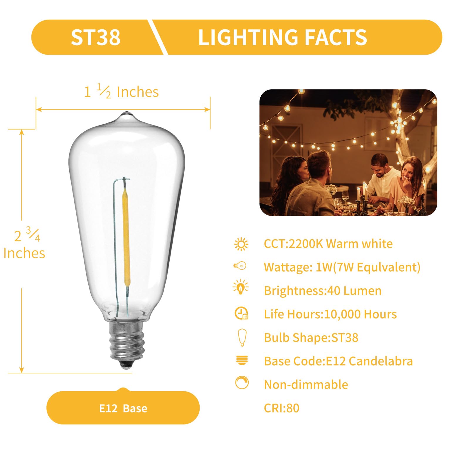 VISTERLITE ST38 LED String Light Bulbs, 1.5 Inches Shatterproof LED Replacement Bulbs for Outdoor String Lights, 1Watt Equvanlent to 7Watt Incandescant Bulbs, E12 Screw Base, Warm White, 25Pack