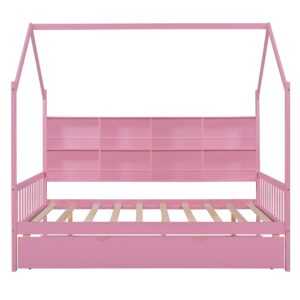 Full House Bed with Trundle and Storage Shelves, Montessori Bed Full Size Platform Bed Frame with Roof, Tent Bed, Solid Wood Playhouse Bed for Kids Teens Girls Boys (Full Size, Pink)