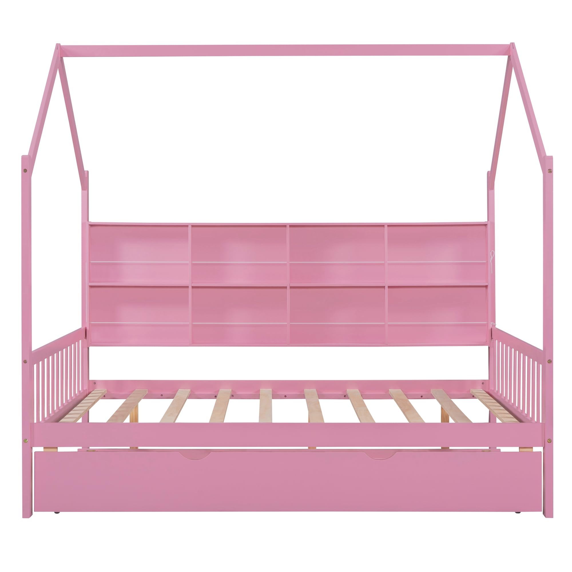 Full House Bed with Trundle and Storage Shelves, Montessori Bed Full Size Platform Bed Frame with Roof, Tent Bed, Solid Wood Playhouse Bed for Kids Teens Girls Boys (Full Size, Pink)