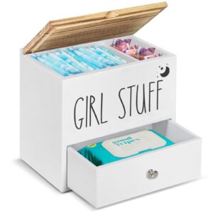 tampon holder for bathroom decor and storage, wood feminine product organizer with drawer and lid, pad and tampon organizer bathroom accessories box for tampon storage, white cotton ball/swab holder