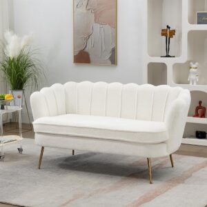 Anwickmak 59" Wide Modern Boucle Loveseat Small Sofa Small Mini Room Couch Two-Seater Sofa with Gold Metal Legs for Small Space Office Studio Apartment Bedroom (Ivory)