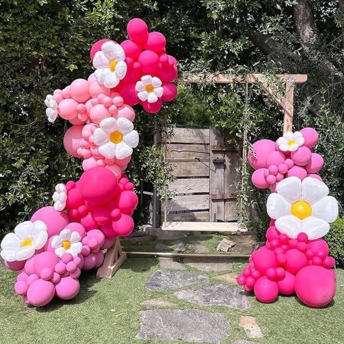 Hot Pink Balloons Arch Kit,Pink White Daisy Flower Garland with Metallic Red Balloons for Birthday Party Baby Shower Baptism Bridal Engagement Wedding Decorations