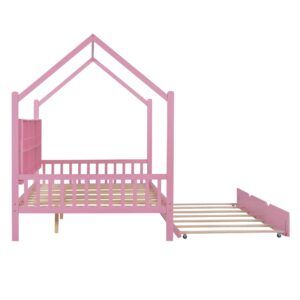 Harper & Bright Designs Full Size House Bed with Trundle, Wood Full House Bed Frame with Shelf Compartment, Full House Bed for Kids with Roof for Girls, Boys,No Box Spring Needed, Pink