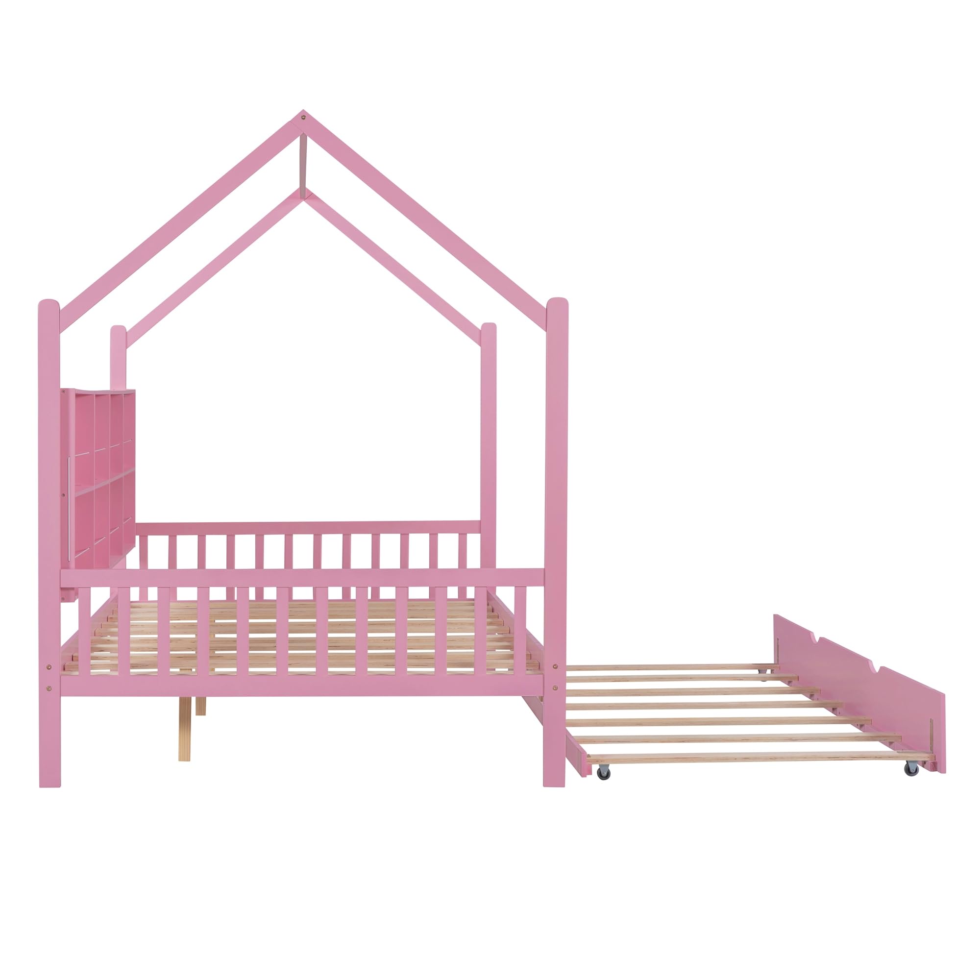 Harper & Bright Designs Full Size House Bed with Trundle, Wood Full House Bed Frame with Shelf Compartment, Full House Bed for Kids with Roof for Girls, Boys,No Box Spring Needed, Pink