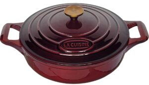 la cuisine enameled cast iron braiser braising saute pan shallow dutch oven casserole with lid, 3.7 qt 11" dia. matte black enamel coating interior, cranberry enamel finish exterior, gold-plated ss handle lid, oven-safe up to 500° f