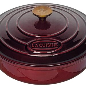 La Cuisine Enameled Cast Iron Braiser Braising Saute Pan Shallow Dutch Oven Casserole with Lid, 3.7 QT 11" Dia. Matte Black enamel coating Interior, Cranberry Enamel Finish Exterior, Gold-Plated SS Handle Lid, Oven-Safe up to 500° F