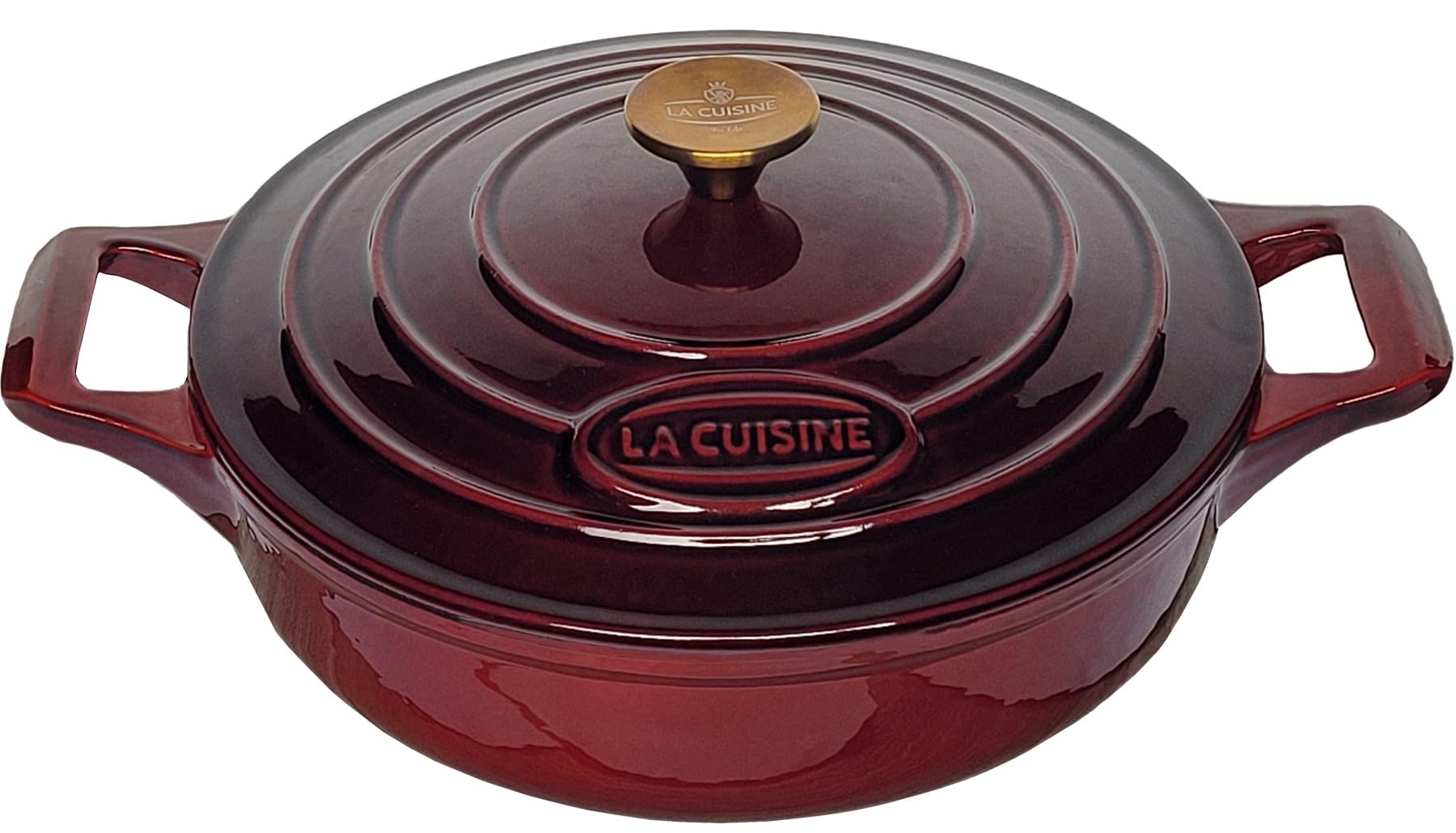 La Cuisine Enameled Cast Iron Braiser Braising Saute Pan Shallow Dutch Oven Casserole with Lid, 3.7 QT 11" Dia. Matte Black enamel coating Interior, Cranberry Enamel Finish Exterior, Gold-Plated SS Handle Lid, Oven-Safe up to 500° F