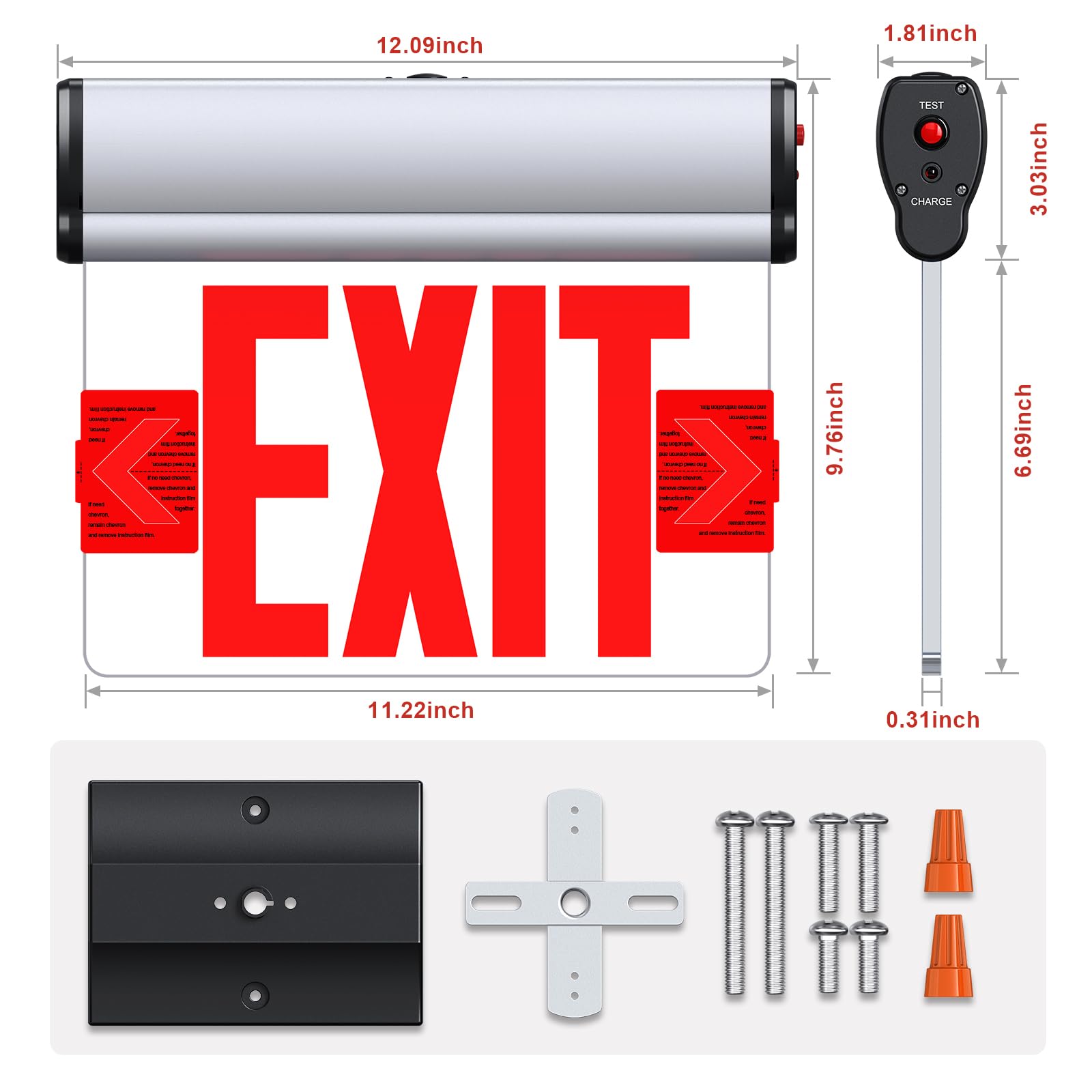 SASELUX Led Edge-Lit Exit Sign ,Brushed Aluminum Housing Single-Sided Clear Rotating Acrylic Panel,Hardwired Emergency Exit Signs with Battery Backup, 120V-347VAC,Red Led Emergency Exit Light for Business , UL Listed,Top/Side/Wal Mount(1 Pack)