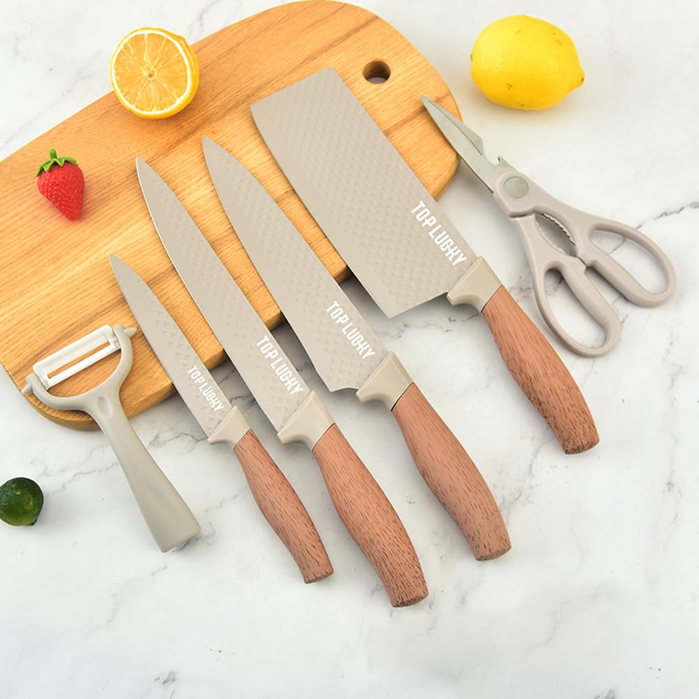 Knife Set, 6-Piece Khaki Professional Kitchen Knife Set for Chef, Super Sharp Meat Knives Cooking Knives Sets, Anti-Rust Stainless Steel Kitchen Knives with Cutlery Ergonomic Design Wood Handle