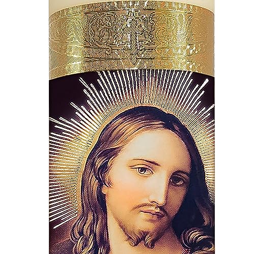 Sacred Heart Jesus Flameless LED Devotional Prayer Candle Religious Gold Foil Decoration for Home, Office, or Place Workship