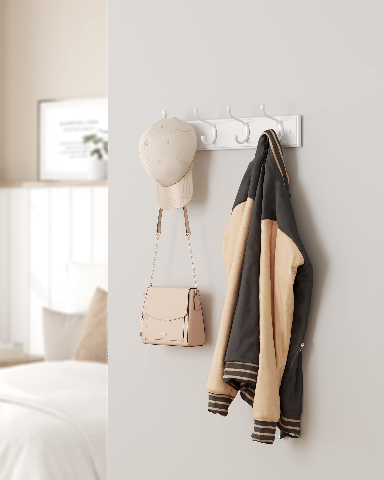 SONGMICS Set of 2 Wall-Mounted Coat Rack, Hook Rack, 8 Dual Metal Hooks, for Coats, Bags, Keys, in The Entryway, Bedroom, Living Room, White ULHR232W01