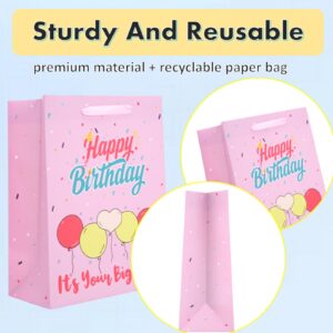 Ronvir 4Pcs Pink Gift Bags, Large Birthday Girl Gift Bags, Happy Birthday Gift Bags For Kids, Pink Gift Bags With Tissue Paper For Girls, 10x13x5 Inch