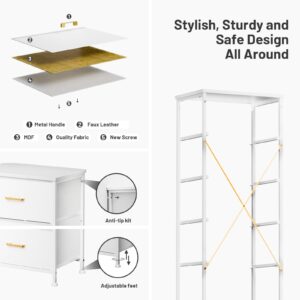 YILQQPER Tall Dresser with 5 Drawers, White Dresser for Bedroom, Tall Storage Tower for Closet, Nursery, Dorm, Dresser Organizer with Sturdy Steel Frame, Fabric Bins, Leather Finish, Wood Top, White