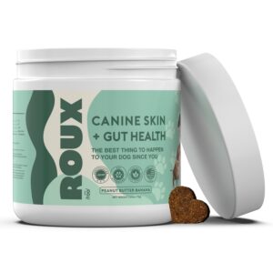 roux probiotic & multivitamin chew for dogs - support gut health, healthy joints & seasonal allergies - digestive enzymes & omega-3s to prevent itchy skin/ears (dogs under 59 lbs, made in us, 30ct)