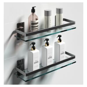 kataski 2 pack bathroom glass shelf ，aluminum tempered glass 0.34in extra thick 1 tier storage organizer wall mount,black 15.7in