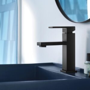 Moen Revyl Matte Black One-Handle Single Hole Modern Bathroom Sink Faucet with Optional Deckplate and Spring Loaded Drain Assembly, 84771BL