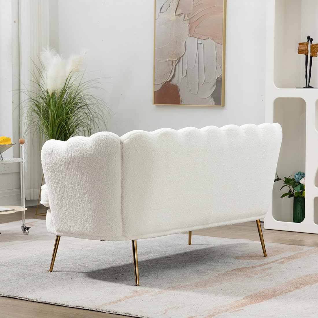 Anwickmak 59" Wide Modern Boucle Loveseat Small Sofa Small Mini Room Couch Two-Seater Sofa with Gold Metal Legs for Small Space Office Studio Apartment Bedroom (Ivory)