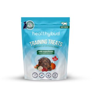 healthybud mini dog training treats - beef liver soft trainer bites, 500+ bits, 1 kcal per bite, 6.5oz, reishi, lion’s mane, salmon oil, puppy chews (beef)