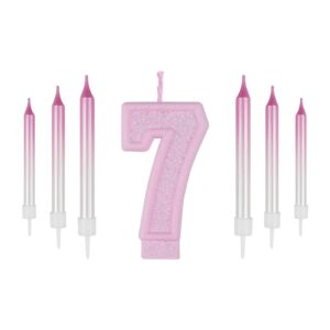 zhihui 7pcs number birthday candles, pink number 7 cake topper, 7th birthday candles, pink and cute shiny number happy birthday cake candles for birthday party wedding anniversary celebration supplies