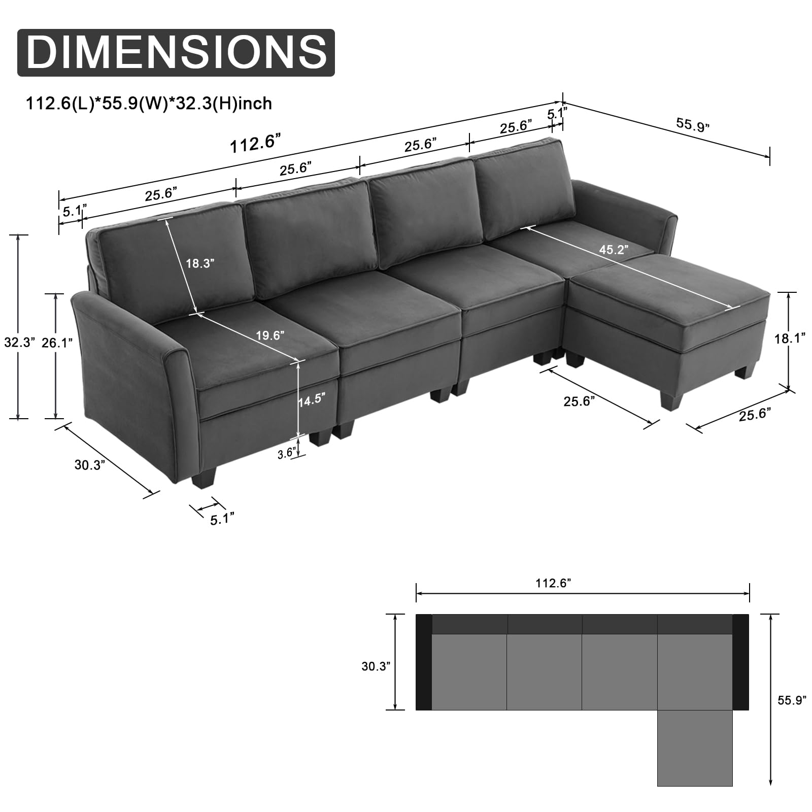 DANNRATCH Modular Sectional Sofa L Shaped Convertible Sectional Couch with Reversible Chaise, 4-Seat Sleeper Velvet Modular Couch with Ottomans for Living Room Furniture Sets Navy Grey