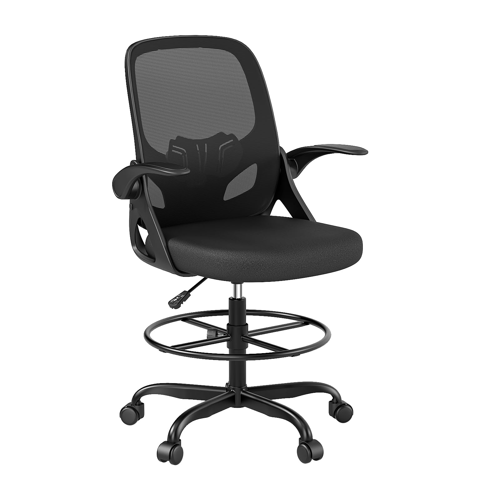 Kensaker Tall Drafting Chair with Footrest Ring for Home and Work, Ergonomic Home Desk Office Chair with Flip up Arms and Lumbar Support, Tall Extended Height Executive Home Desk Office Chair(Black)