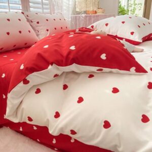 red love heart duvet cover queen for girls kids women reversible red white bedding collection bedclothes, cute heart design comforter cover for bedroom, soft microfiber, no bed sheet,king