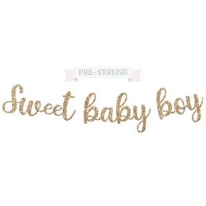 pre-strung sweet baby boy banner - no diy - gold glitter baby shower gender reveal party banner for boy - pre-strung garland on 8 ft strand - baby shower party decorations. did we mention no diy?