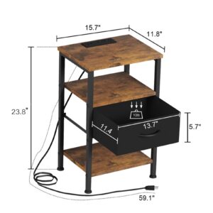 Fixwal Night Stand with Charging Station, Adjustable Bed Side Table with Fabric Drawer, Farmhouse End Table, Bedside Table with Storage, Rustic Brown