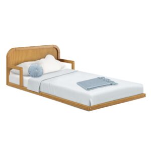 P’kolino Curva Rattan Kids Twin Size Floor Bed Frame with Headboard - FSC Certified Solid Pine Wood - Natural