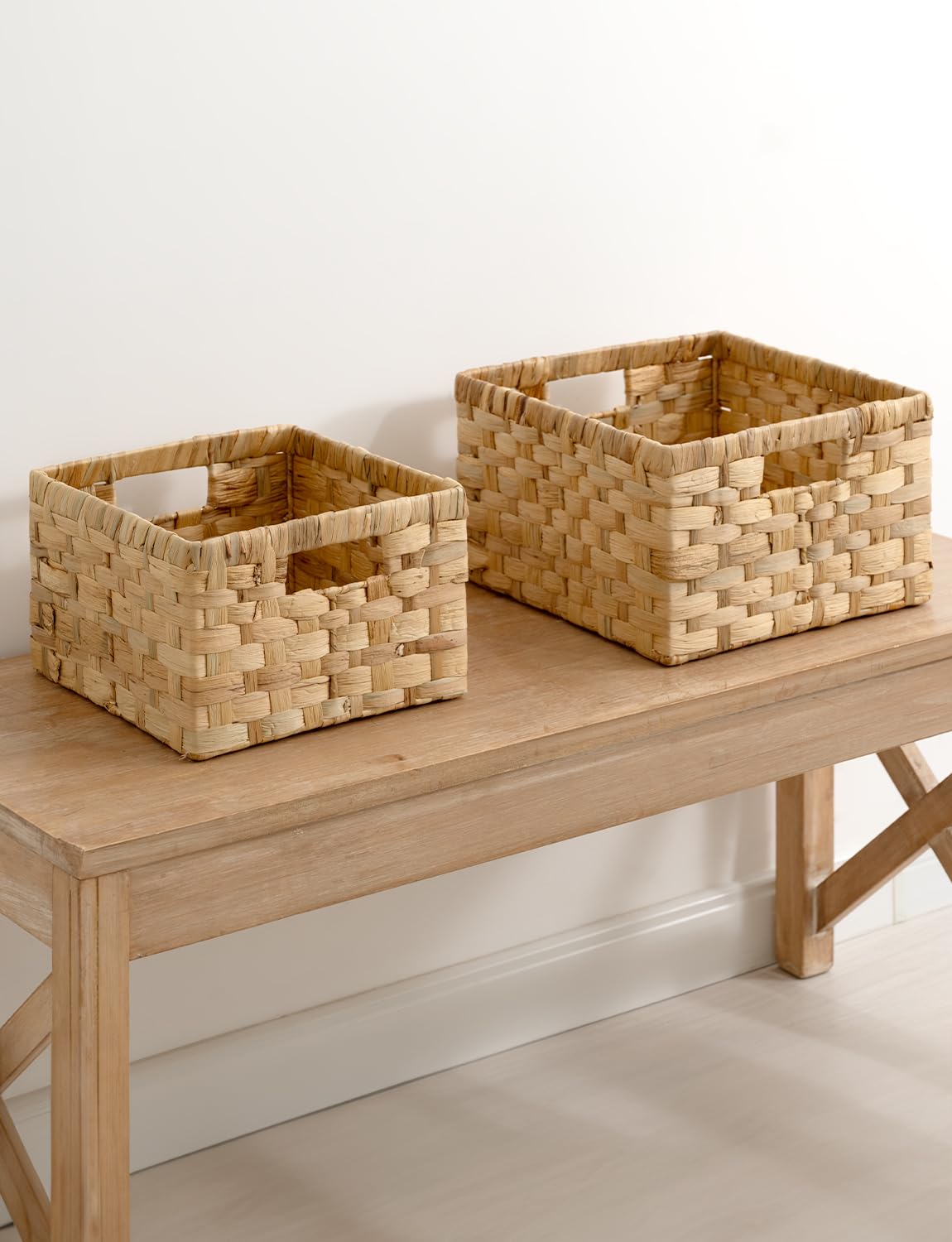 StorageWorks Water Hyacinth Wicker Baskets, Handwoven Rattan Baskets for Organizing, Decorative Wicker Baskets with Built-in Handles, Set of 2