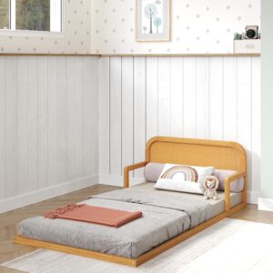 p’kolino curva rattan kids twin size floor bed frame with headboard - fsc certified solid pine wood - natural