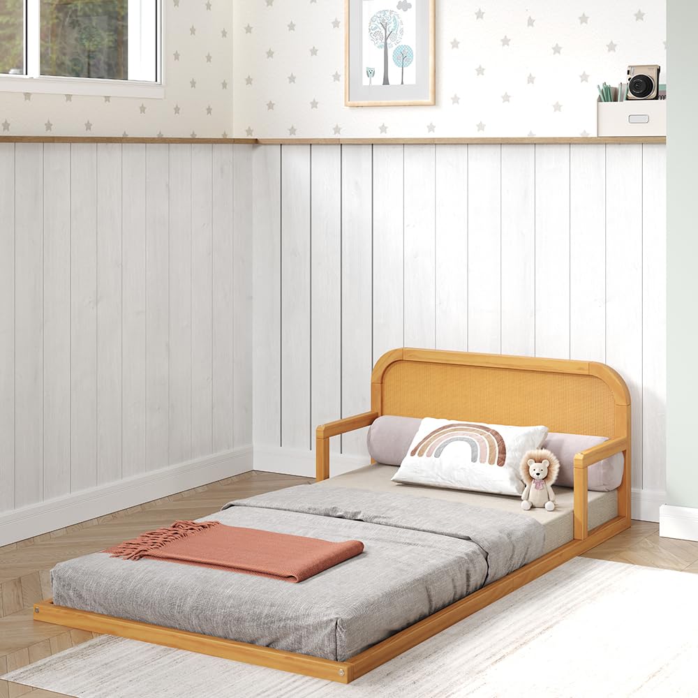 P’kolino Curva Rattan Kids Twin Size Floor Bed Frame with Headboard - FSC Certified Solid Pine Wood - Natural