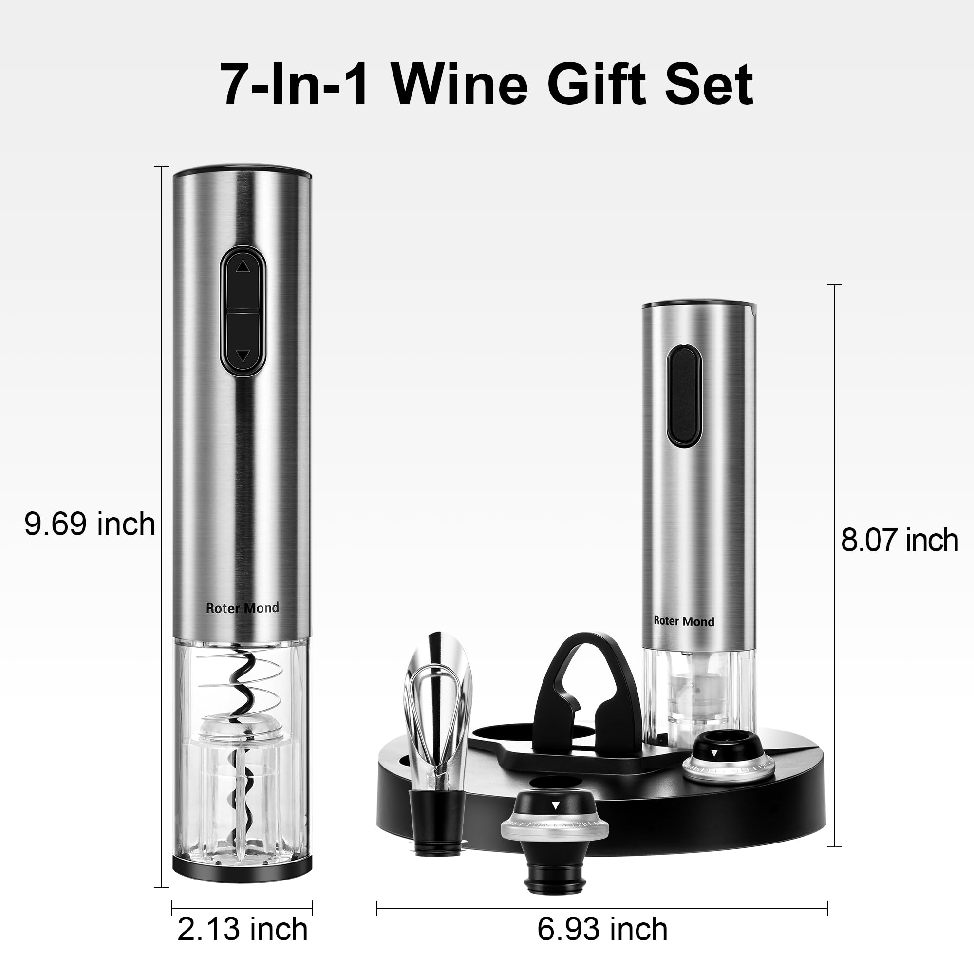 Electric Wine Opener Set, Roter Mond Automatic Wine Bottle Opener with Charging Base, 7-in-1 Wine Present with Wine Aerator Pourer Electric Vacuum Pump with 2 Stoppers Wine Foil Cutter for Home Party