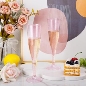 WDF 36 Pack Pink Glitter Plastic Champagne Flutes - 7OZ Pink Champagne Flutes Plastic, Champagne Glasses Glitter Pink Champagne Flutes, Plastic Flutes Champagne Disposable for Party & Wedding