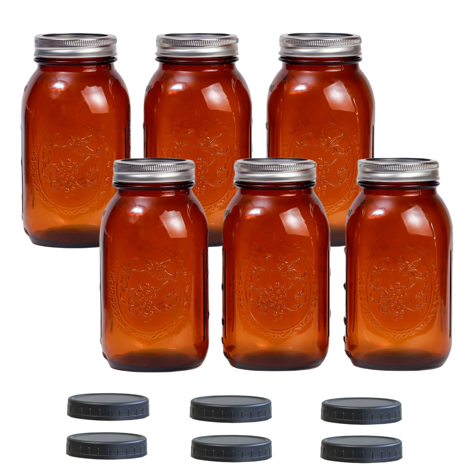 Jumterlee 6 Pack 32 oz Amber Mason Jars, Regular Mouth Mason Jars with Lids and Bands and 6 Black Plastic Mason Jar Lids, Amber Glass Mason Jars