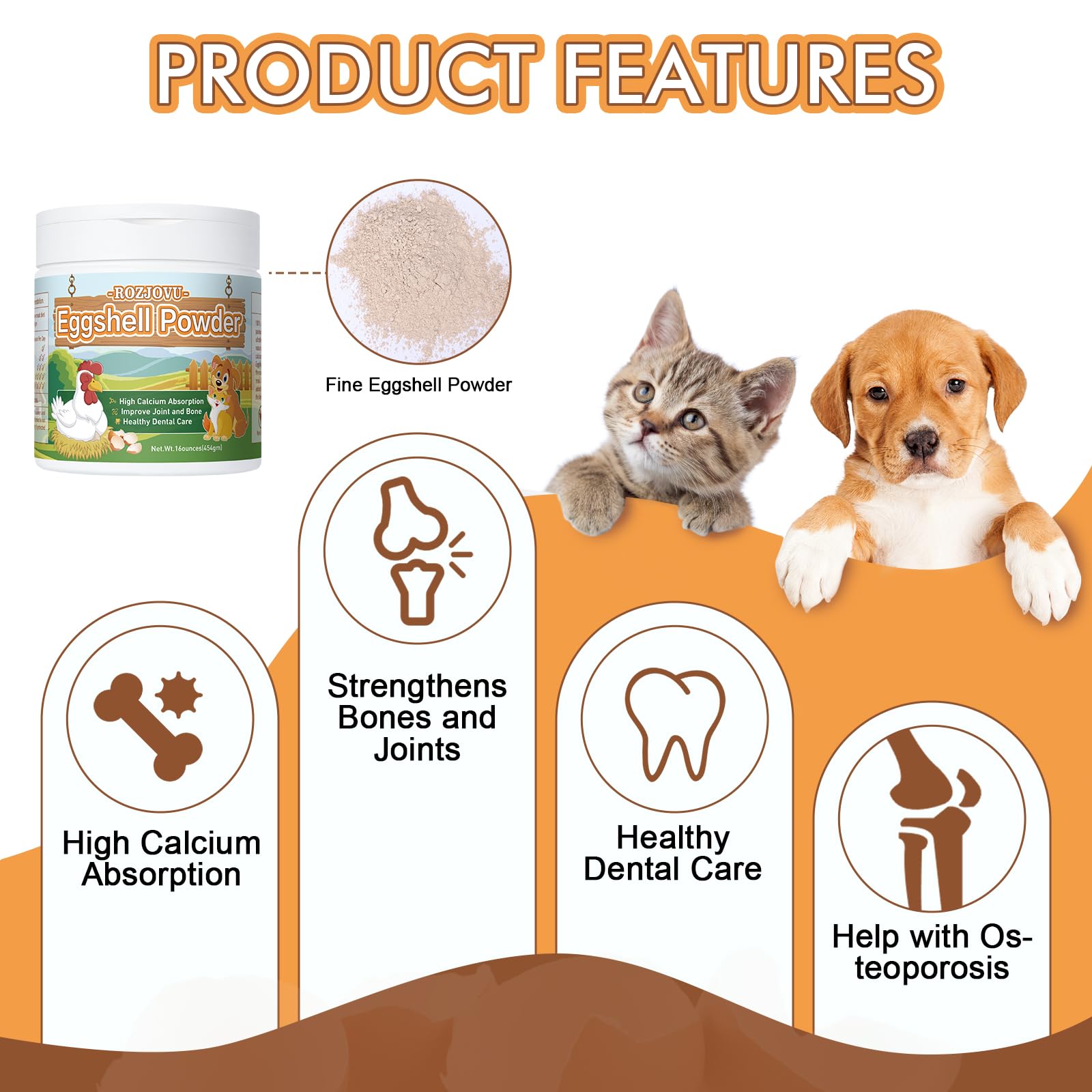 Eggshell Powder for Dogs and Cats, Eggshell Calcium Supplement, Great for Osteoporosis, Nourishes Bones, Supports Joints, Teeth, and Heart Health(16 oz)