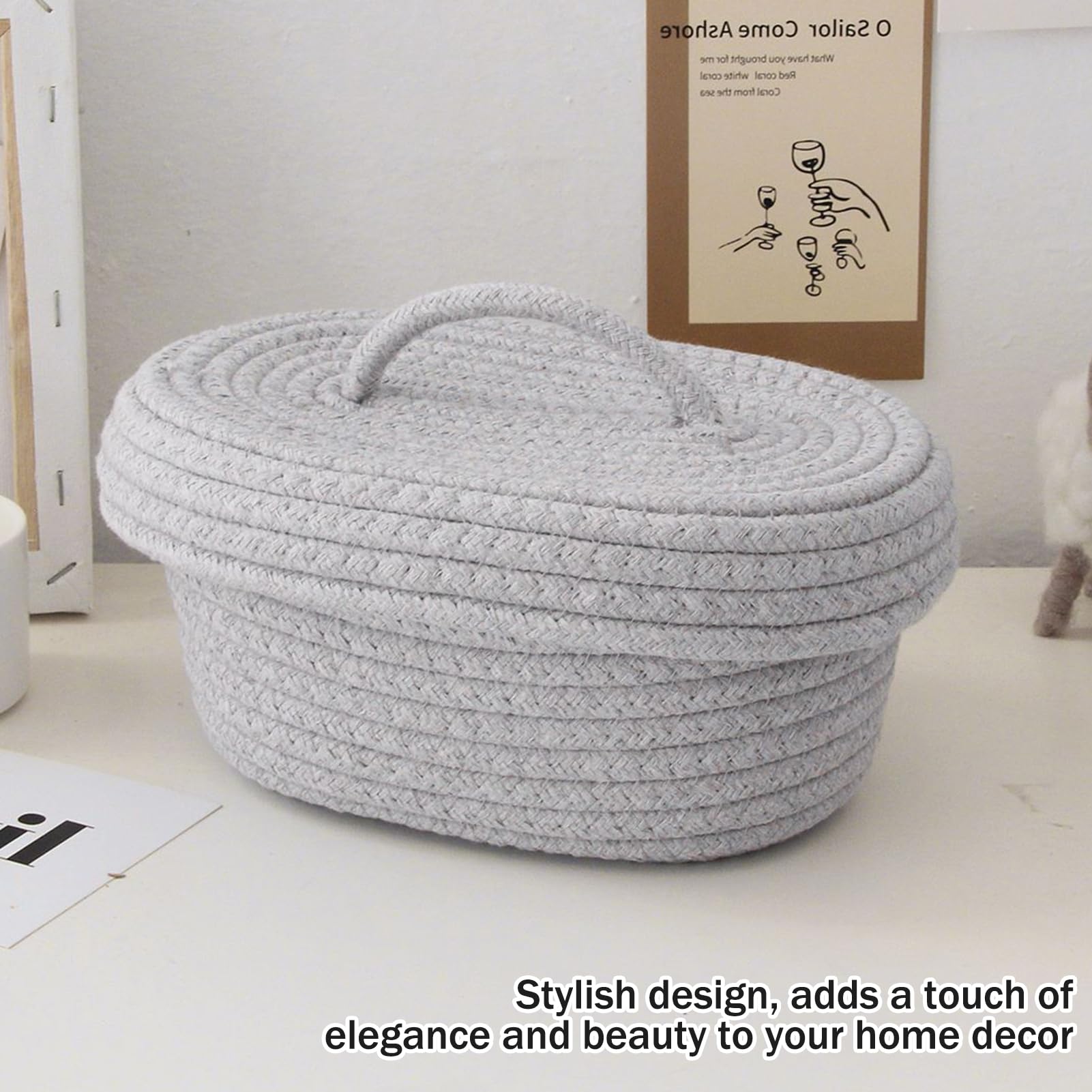 Desktop Storage Box with Lid, Handmade Cotton Rope Storage Basket for Makeup Sundries Snack Needles(Gray)