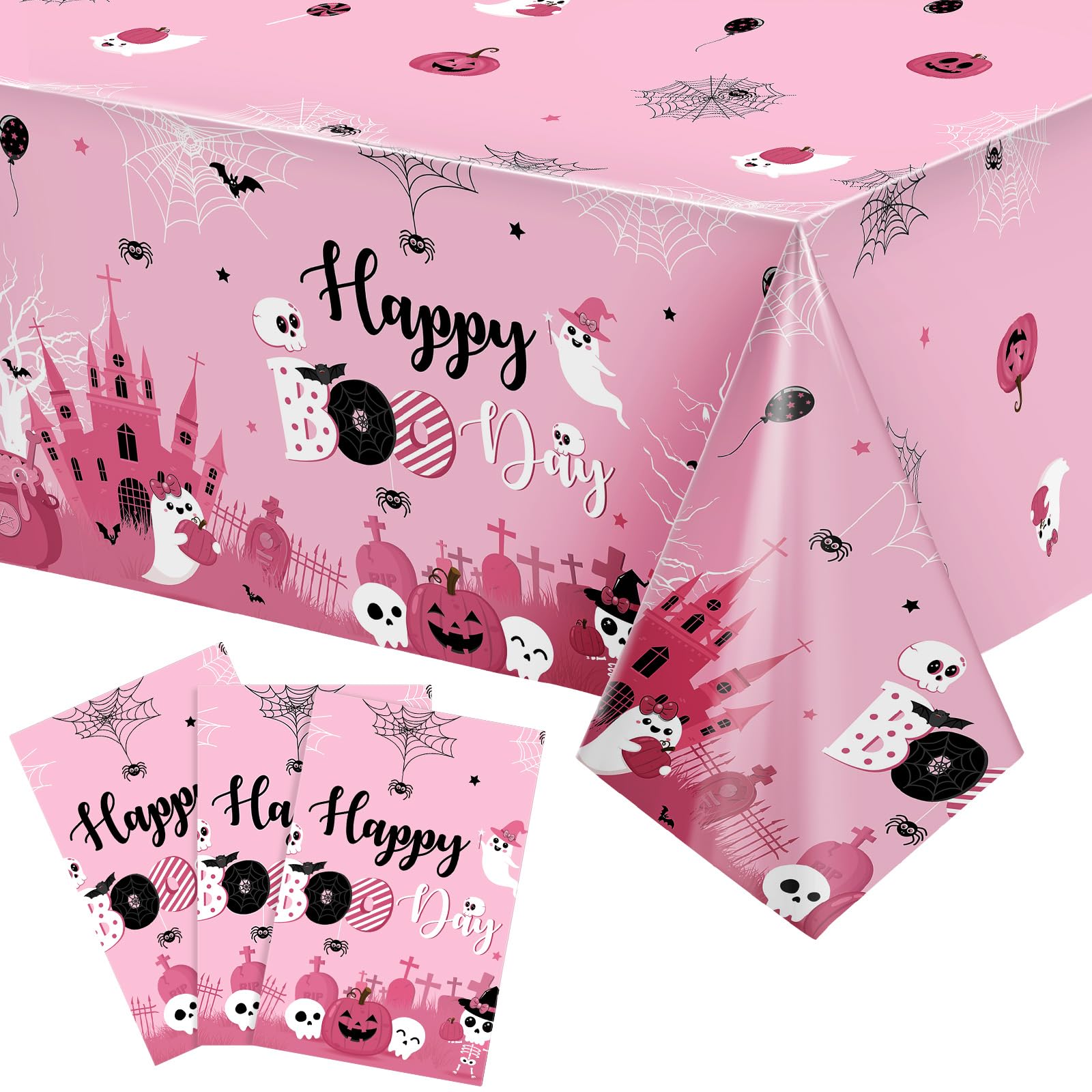 WovWeave 3 Pcs Halloween Tablecloth Happy Boo Day Tablecover Bulk Girl Boo Baby Shower Halloween Tablecloth Plastic Pink Halloween Decorations for Girl Halloween Birthday Party Supplies 108x54 Inch