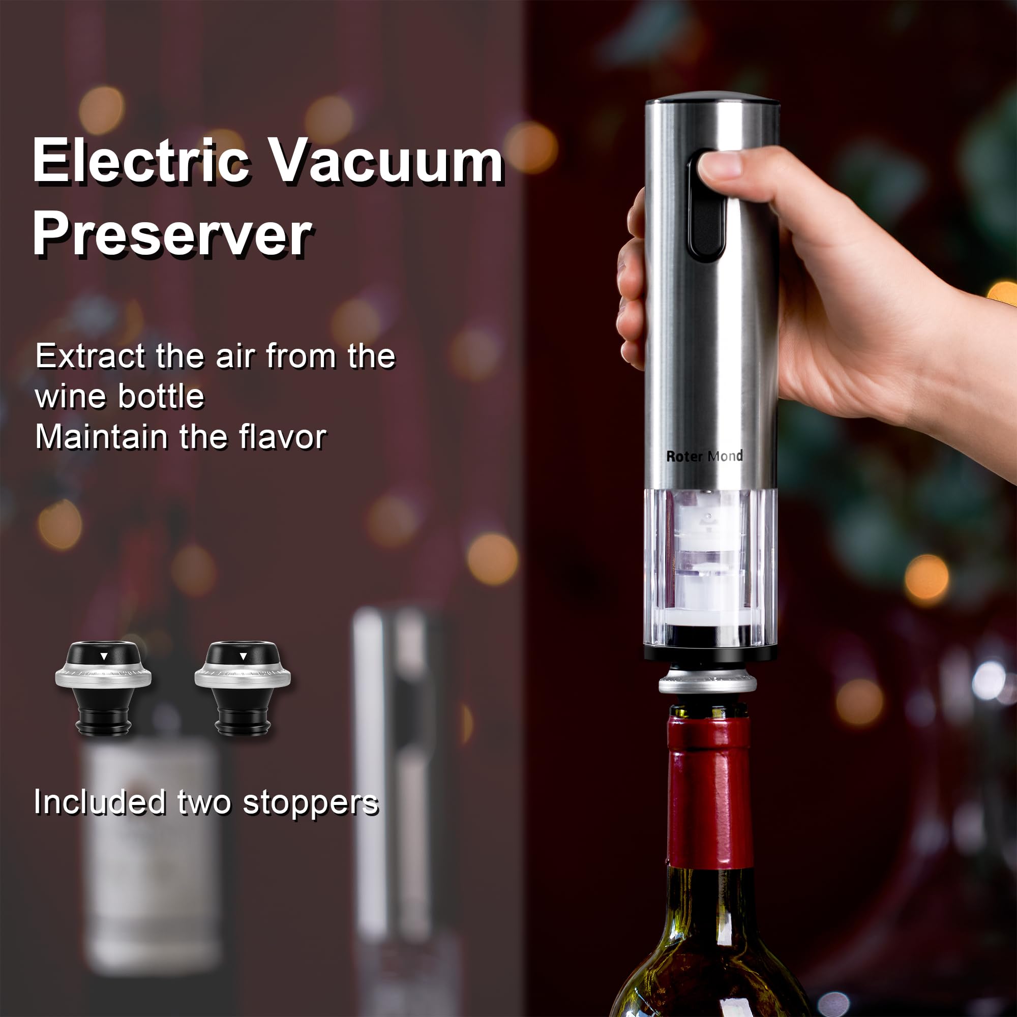 Electric Wine Opener Set, Roter Mond Automatic Wine Bottle Opener with Charging Base, 7-in-1 Wine Present with Wine Aerator Pourer Electric Vacuum Pump with 2 Stoppers Wine Foil Cutter for Home Party