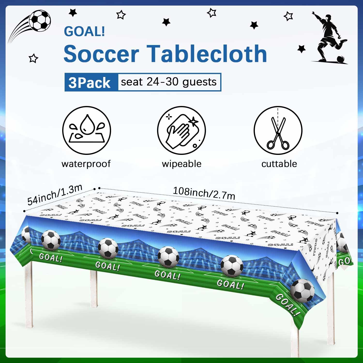 Heboland 3 Pieces Soccer Party Table Cloth,Large Size 54 x 108 Inch Rectangular Soccer Tablecloth Plastic Table Cover for Men Boys Birthday Party Decorations