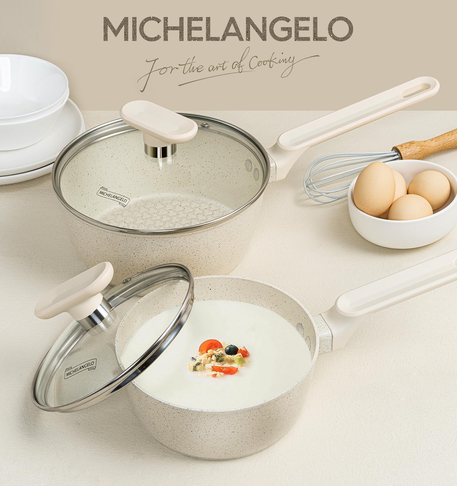 MICHELANGELO Sauce Pan, Nonstick Granite Sauce Pan Set with Lids 1.5 Quart & 2.5 Qaurt, Small Pot Set with Lids, Nonstick Saucepans with Lid, Stone Pot Set - White