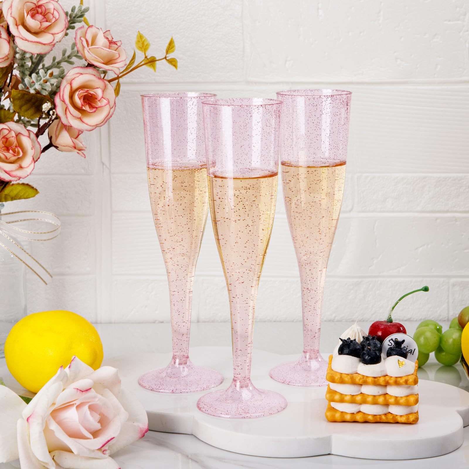 WDF 36 Pack Pink Glitter Plastic Champagne Flutes - 7OZ Pink Champagne Flutes Plastic, Champagne Glasses Glitter Pink Champagne Flutes, Plastic Flutes Champagne Disposable for Party & Wedding