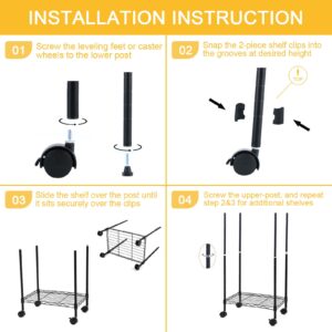 Simple Deluxe Heavy Duty 6-Shelf Shelving with Wheels, Wire Shelving with Hanging Hooks, Adjustable Storage Units, 17.32" D x 11.42" W x 64.96" H, 6 Tier, Black