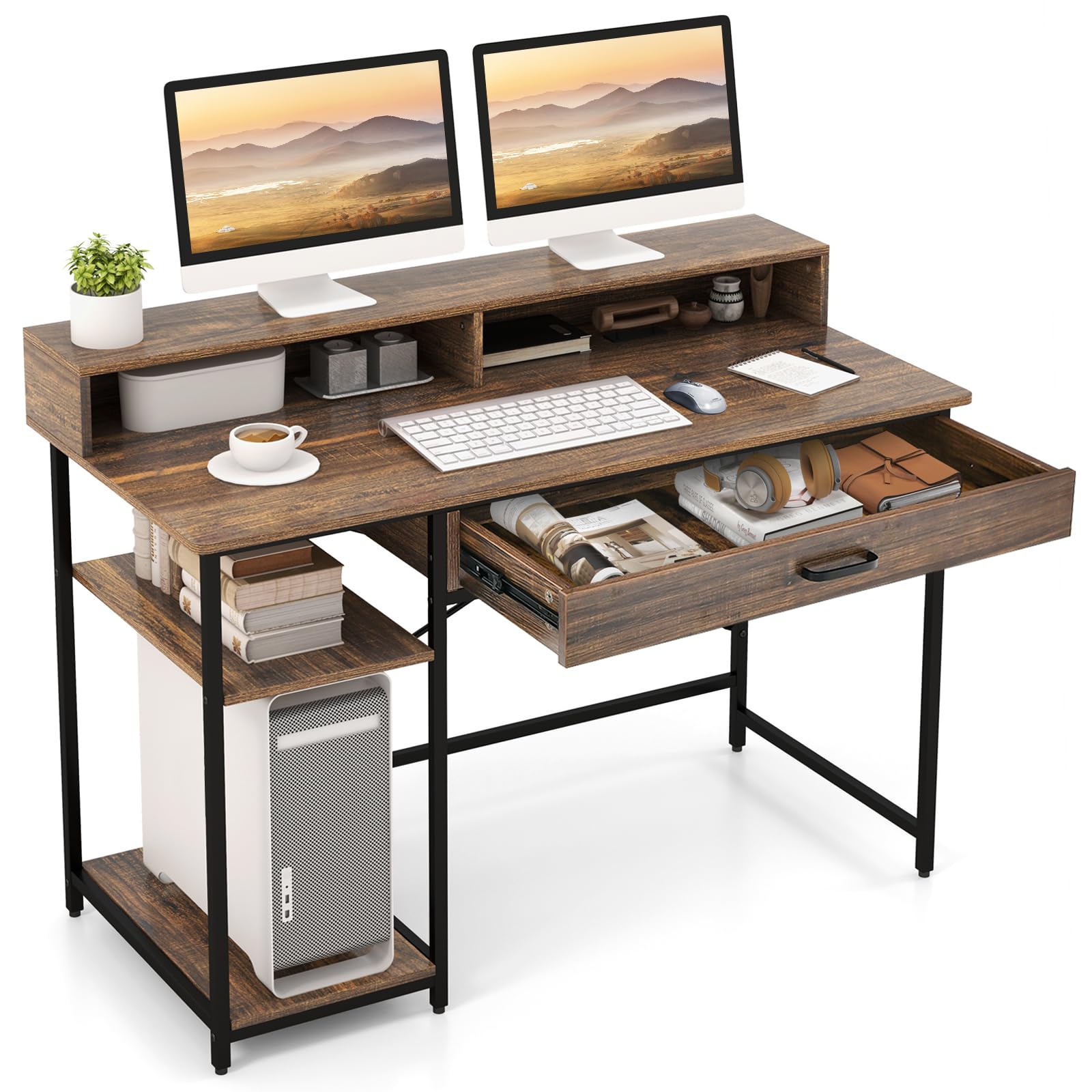 Tangkula Computer Desk with Storage Drawer & Monitor Stand, 48” Home Office Writing Desk with 2 Open Shelves & Compartments, Computer Workstation Writing Study Desk with Metal Frame (Rustic Brown)