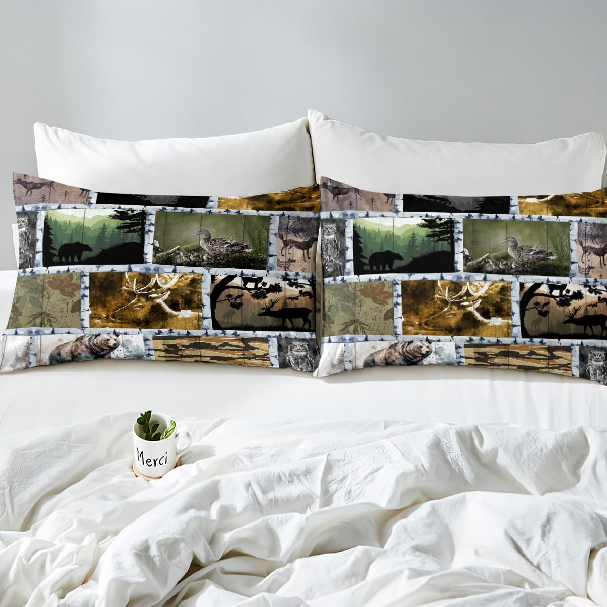 Deer Hunting Bedding Set Farmhouse Decor,Duck Reindeer Bear Woodland Animals Wildlife Duvet Cover Queen for Adult Women Men,Jungle Plant Pine Trees Bed Set,Tree Branches Camouflage Quilt Cover