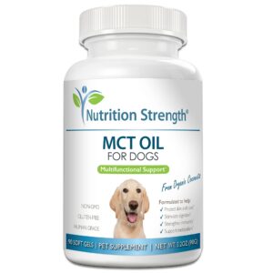 nutrition strength mct oil for dogs from organic coconuts, medium chain triglycerides with caprylic acid & capric acid to protect skin and coat, boost immunity, support metabolism, 90 soft gels