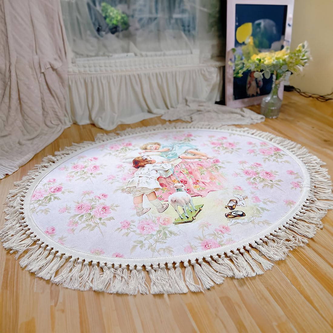 BOOMLATU Luxury Rose Flower Area Rugs with Two Cute Girls,Victorian Rug Floral Area Rugs Non-Slip Washable Elegant Rose Rug Carpet for Living Room Bedroom Office 31.5 x 46.4 (Pink)