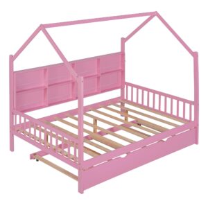 Harper & Bright Designs Full Size House Bed with Trundle, Wood Full House Bed Frame with Shelf Compartment, Full House Bed for Kids with Roof for Girls, Boys,No Box Spring Needed, Pink