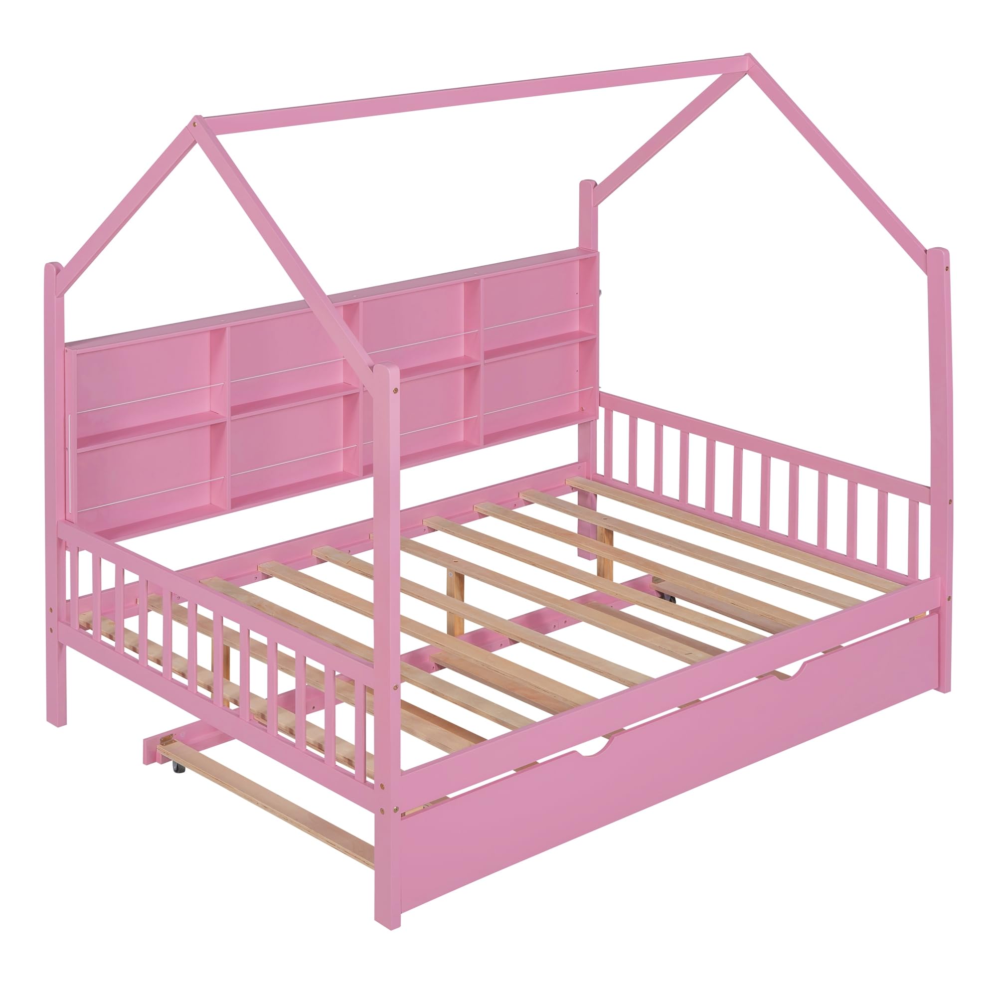 Harper & Bright Designs Full Size House Bed with Trundle, Wood Full House Bed Frame with Shelf Compartment, Full House Bed for Kids with Roof for Girls, Boys,No Box Spring Needed, Pink